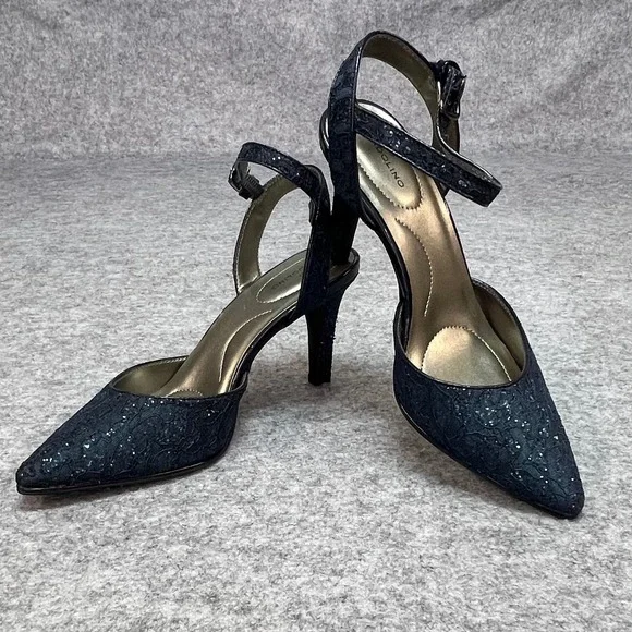 Bandolino Navy Blue Lace Glitter Pointed Toe Ankle Strap Pumps Formal Heels 7.5M - Picture 1 of 8